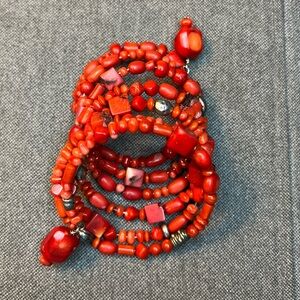 Vintage Bamboo Red Coral 6-Spiral Wrap Bracelet 39” Silver Beads Boho Tribal